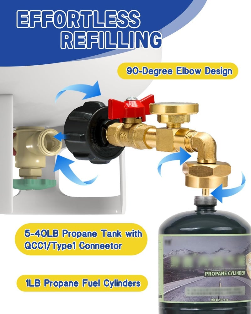 BEEDEFUL Upgraded Propane Refill Adapter with Valve and Gauge, for Filling 1lb Bottles from a 20lb Tank, Fits QCC1/Type1 Propane Tanks and 1lb Disposable Cylinders, Solid Brass, Includes 1x Sealing Tape - Image 2